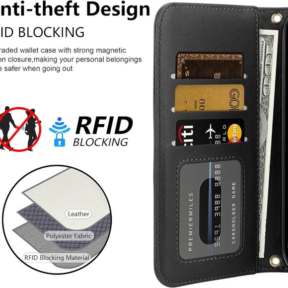 iPhone 16 Pro Max Card Holder Crossbody Wrist Strap Leather Wallet - Picture 2 of 6